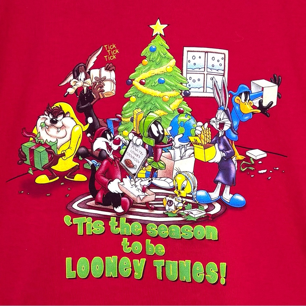 Vintage 1999 Looney Tunes Christmas Tee‎ Warner Bros Studio Store Red L